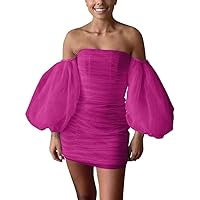 Women's Bodycon Mini Dresses Short Organza Ruched Cocktail Party Dresses with Detachable Puff Sleeve