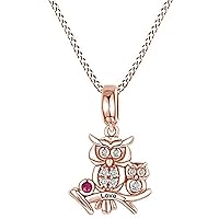 Created Round Cut Ruby Gemstone 925 Sterling Silver 14K Gold Over Diamond Mother's Day Special Mom & Child Owl Pendant Necklace for Women's & Girl's