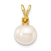 14k Gold Citrine 8 8.5mm White Round Freshwater Cultured Pearl Pendant Necklace Jewelry for Women