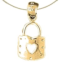14K Yellow Gold Heart Padlock, Lock Pendant with 18