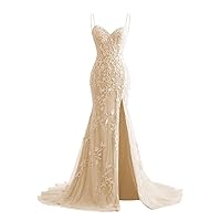 Lace Appliques Mermaid Prom Dresses with Slit Spaghetti Straps Formal Gown Tulle Party Dress for Women