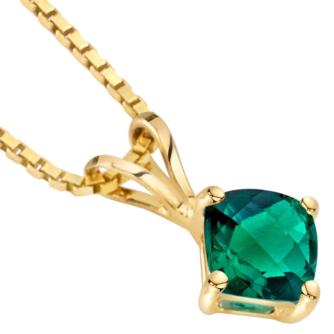Peora Created Emerald Pendant for Women 14K Yellow Gold, Classic Solitaire, 0.75 Carat, Cushion Cut, 6mm, AAA Grade