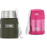THERMOS Stainless King Vacuum-Insulated Food Jar with Spoon, 16 Ounce, Army Green & FUNTAINER 10 Ounce Stainless Steel Vacuum Insulated Kids Food Jar with Folding Spoon, Pink