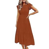 Womens Summer Maxi Dress Casual V Neck Cap Sleeve Smocked Dresses Ruffle Tiered Beach Party Long Flowy