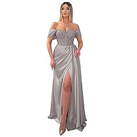 Women's Off Shoulder Mermaid Prom Dresses Long Beaded Satin Ball Gown with Slit Bridesmaid Formal Party Gown