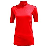 Womens Short Sleeve Turtle Polo Neck T-Shirt Stretchy Plain Casual Basic Tops Red