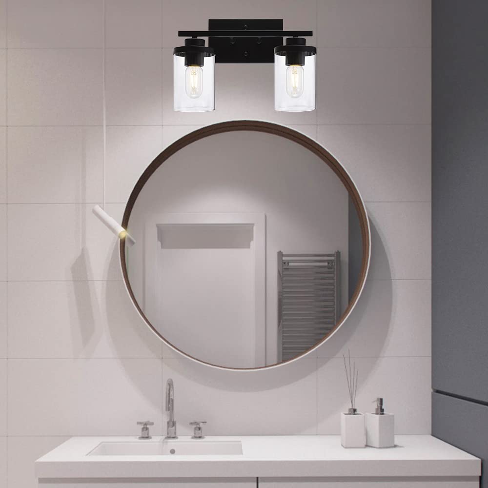 ELUZE 2-Light Bathroom Vanity Light Fixtures, Modern Wall Lighting with Clear Glass Shade, Black Finished Bathroom Lighting, Porch Wall Lamp for Mirror, Bedroom, Hallway, Bathroom Dressing
