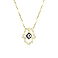 14k Yellow Gold Cubic-Zirconia Open Hamsa Dangling Evil Eye Necklace with Spring Ring Clasp (16
