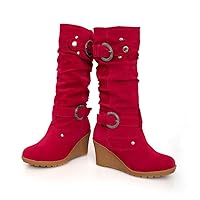 Women Slope Heel Boots Thicken Wedges Ladies Shoes High Heel Slip On Casual Boots Matte Suede Boots red 3