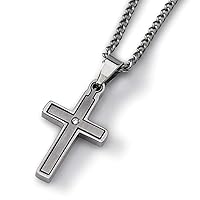 Titanium Brushed Polished Moveable Fancy Lobster Closure Diamond Accent Religious Faith Cross Necklace 22 Inch Measures 18mm Wide Jewelry Gifts for Women