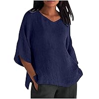Bengbobar Women's Plus Size 3/4 Sleeve Loose Cotton Linen Top Shirt Crewneck Solid Color Shirts for Women Patchwork Shirt