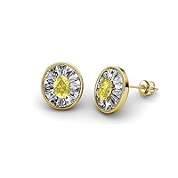 Oval Cut Yellow Sapphire Baguette Natural Diamond 1 1/4 ctw Women Milgrain Halo Stud Earrings 14K Gold