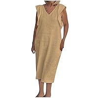 Womens Flutter Sleeveless Cotton Linen Dress Plus Size Casual Summer V Neck Solid Color Swing Midi Dresses