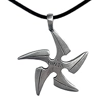 Ninja Jewelry Shuriken Throwing Star Japanese Ninjitsu Karate Shaolin Kung-Fu Silver Pewter Men's Pendant Necklace Wealth Lucky Charm Protection Amulet Victory Warrior Talisman wit Black Leather Cord