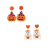 JOYAGIFT 2 Pairs Acrylic Black Skull Orange Pumpkin Earring Yellow Ghost White Ghost Halloween Earring set Fall Earrings Thanksgiving Earrings Jewelry Gift for Women Girls