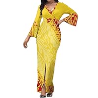 Women's Polynesian V-Neck Flared Sleeves high Waist Slit Straight Dress, Hawaiian Dress