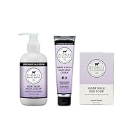 Dionis Goat Milk Skincare Lavender Blossom Scented Lotion 8.5oz, Hand & Body Cream 3.3oz and Bar Soap 6oz Bundle