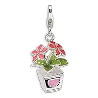 925 Sterling Silver Polished Fancy Lobster Closure 3 D Enameled Potted Flowers With Lobster Clasp Charm Pendant Necklace Measures 30x13mm Jewelry for Women