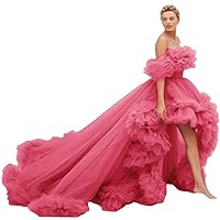 UZN Women's High Low Tulle Prom Dresses Off Shoulder Ruffles Formal Evening Party Gowns