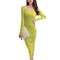 Sexy Knitted Slim Fit Women's Midi Dress Fall Fashion V Neck Long Sleeve Solid Color Elegant Office Dress