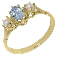 Solid 10k Gold Natural Aquamarine & Cultured Pearl Womens Ring (Yellow, Rose, White Gold options) - Sizes 4 to 12 Available