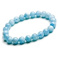 Genuine Natural Blue Aquamarine Clear Crystal Stretch Round Bead Bracelet 8mm for Women Men AAAA