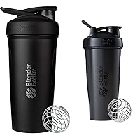 BlenderBottle Strada Shaker Cup Insulated Stainless Steel Water Bottle with Wire Whisk, 24-Ounce, Black & Classic Shaker Bottle Perfect for Protein Shakes and Pre Workout, 28-Ounce, Black