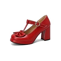 Women's T-Strap Bow Mary Jane Shoes Chunky Heel Round Toe Pumps