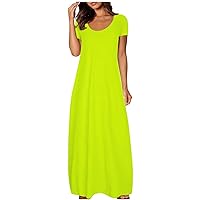 Women Short Sleeve Loose Plain Casual Long Maxi Dresses with Pockets B-Green
