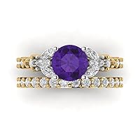 Clara Pucci 2.66 carat Round Shape Solitaire 3 stone Natural Amethyst Engagement Wedding Anniversary Bridal Ring band set 14k Multi Gold