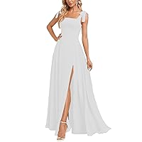 Chiffon A-line Leg Slit Bridesmaid Dress Floor-Length Prom Dress with Bow