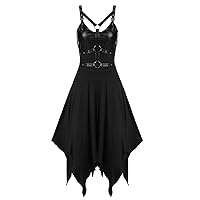 Women Ring Hole Strap Steampunk Dresses Sleeveless Cut Out V-Neck Fashion Irregular Hem Goth Punk Midi Dresses