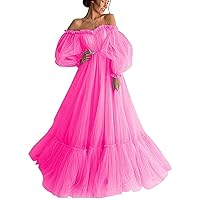 Women's A Line Off Shoulder Quinceanera Dress Long Puffy Sleeve Appliques Tulle Ball Gowns (as1, Numeric, Numeric_4, Regular, Regular, Hot Pink)