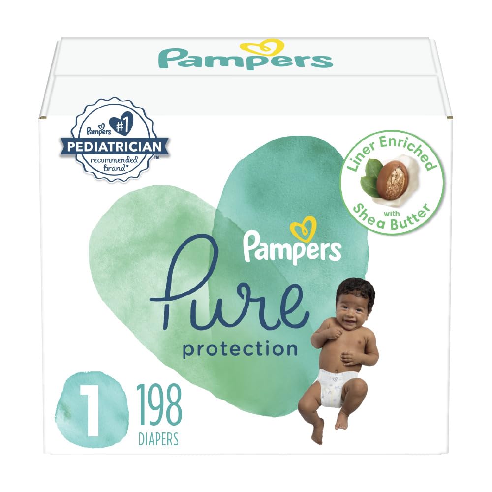 Pampers Diapers Size 1, 198 Count - Pure Protection Disposable Baby Diapers, Hypoallergenic and Unscented Protection (Packaging & Prints May Vary)