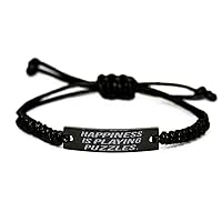 Puzzles for Men Women, Happiness is Playing Puzzles, Cool Puzzles Black Rope Bracelet, Engraved Bracelet from