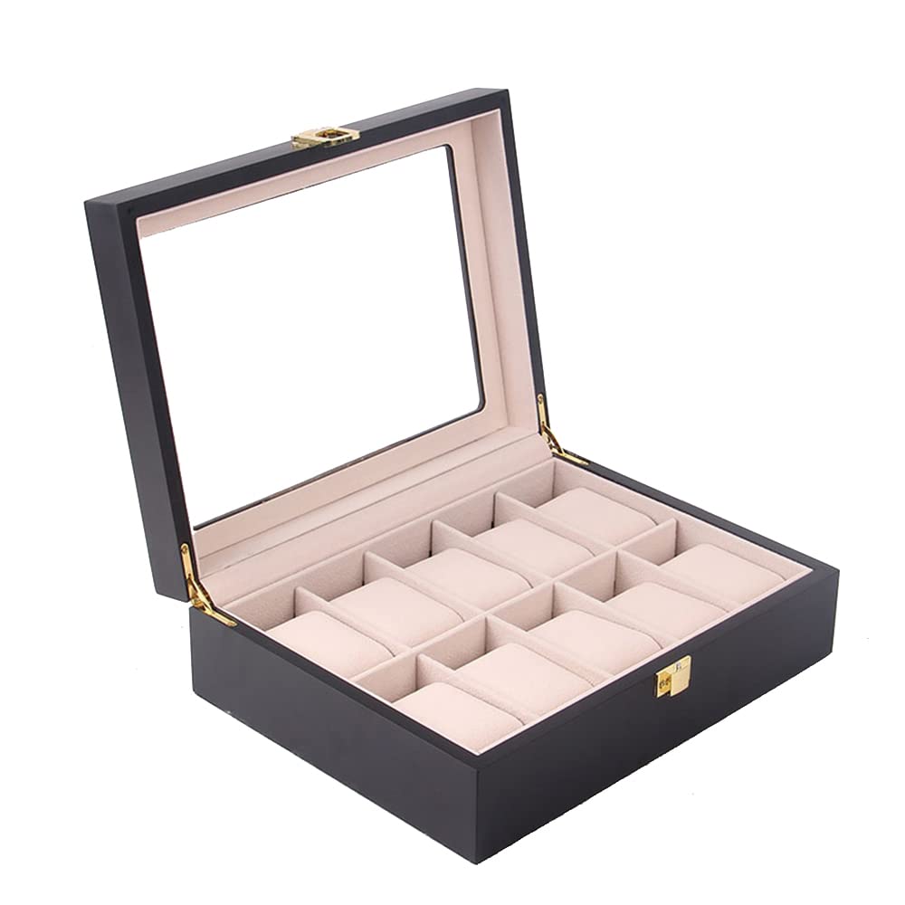 Fosinz Wooden Case Watch Display Box 10 Slots for Men Women Glass Top Collection Box Jewelry Storage Organizer Holder Storage Gifts