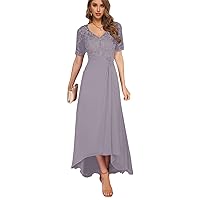 Tea Length Mother of The Bride Dresses for Wedding Lace V Neck Formal Dress with Sleeves Chiffon Evening Gown