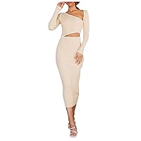 Women's Winter Dress Fashion Casual Solid Color Round Neck Long Sleeve A-Line Skirt Waist Hollow Dress, S-XL