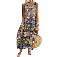 Women's Boho Floral Linen Sleeveless Sundress Summer Casual Swing Long Beach Vacation Long Dress Plus Size