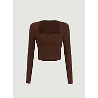 Women's T-Shirt Square Neck Rib-Knit Tee T-Shirt for Women T-Shirt (Color : Coffee Brown, Size : Small)