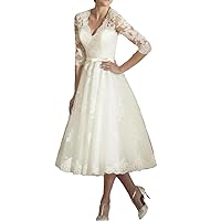 A-Line Vintage Wedding Dress V Neck Half Sleeve Tea Length Lace Bridal Gowns Reception Dress with Appliques 2024
