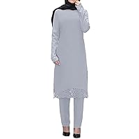 Kaftan Dresses for Women Fancy Two Pieces Abaya Muslim Dress Middle East Arabian Robe Islamic Pullover and Long Pants Long Sleeve Soft Muslim Sets Abaya Dress for Women Fancy Grey 2X