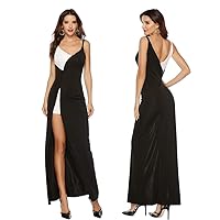 Sexy Women's Dresses V Neck Backless Black Mixed White Contrast Color Suspender High Split Party Evening Dress