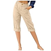 Womens Straight Capris Elastic Waist Cropped Pants, Casual Summer Pant Fashion Below Knee Capri Shorts for Women