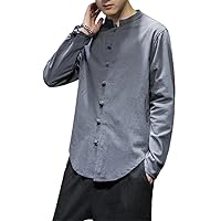 Linen Shirts Men Chinese Style Long Sleeve Retro Buttoned Shirt Solid Color Stand-up Collar Loose Size Tops