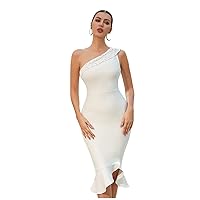 Exclusive Luxury Women Evening Gown Dress White Sequin Single Shoulder Bodycon Fishtail Formal Dress