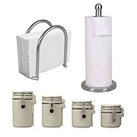 Home Basics 4 Piece Ceramic Canisters with Easy Open Air-Tight Clamp Top Lid and Wooden Spoons | Simple Napkin Holder | Weighted Freestanding Paper Towel Holder | Satin Nickel | Neutral