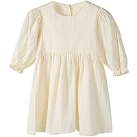 Little Girls Soild Classic Cotton Linen Dress Ruffle Trim Long Sleeve Soft Casual Party Birthday Dress