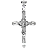 1 3/4 inch Sterling Silver Articulated Crucifix Pendant Men Women Channel Set Baguette CZ Brushed Rhodium Finish