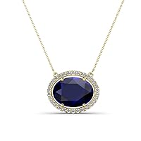 Oval Cut Lab Created Blue Sapphire & Round Natural Diamond 4 ctw Women East West Halo Pendant Necklace 14K Gold